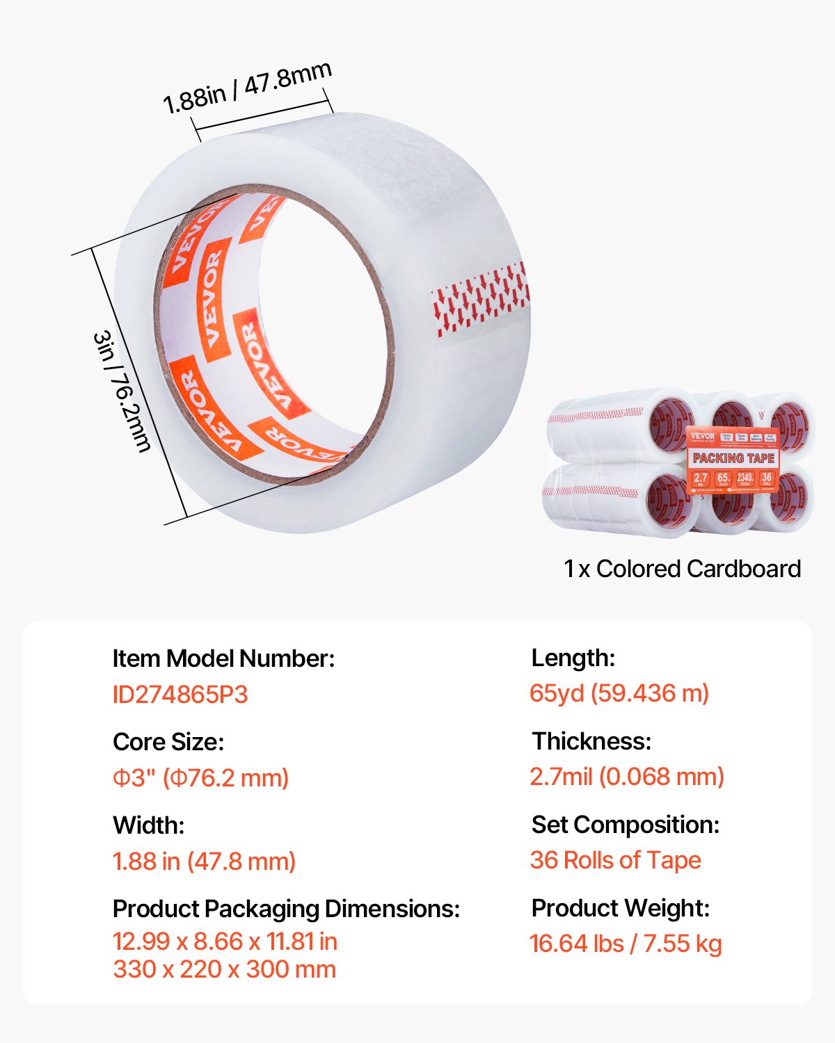 VEVOR Clear Packing Tape, 3 inches Core, 36 Rolls 1.88 Inches x 65 Yards Packing Tape, 2.7 Mil Thick, Heavy Duty Packaging Tape Designed for Moving, Storage and Packing, Shipping and Mailing, Office - 3YCXFXJDTM36O582DV0 - view 8