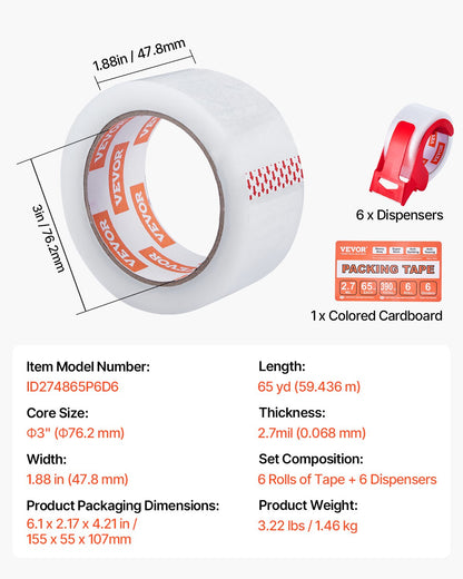 VEVOR Clear Packing Tape, 3 inches Core, 6 Rolls 1.88 Inches x 65 Yards Packing Tape with Dispenser, 2.7 Mil Heavy Duty Packaging Tape Designed for Moving, Storage and Packing, Shipping and Mailing - 3YCXFXJDTM6G2L8SQV0 - view 8
