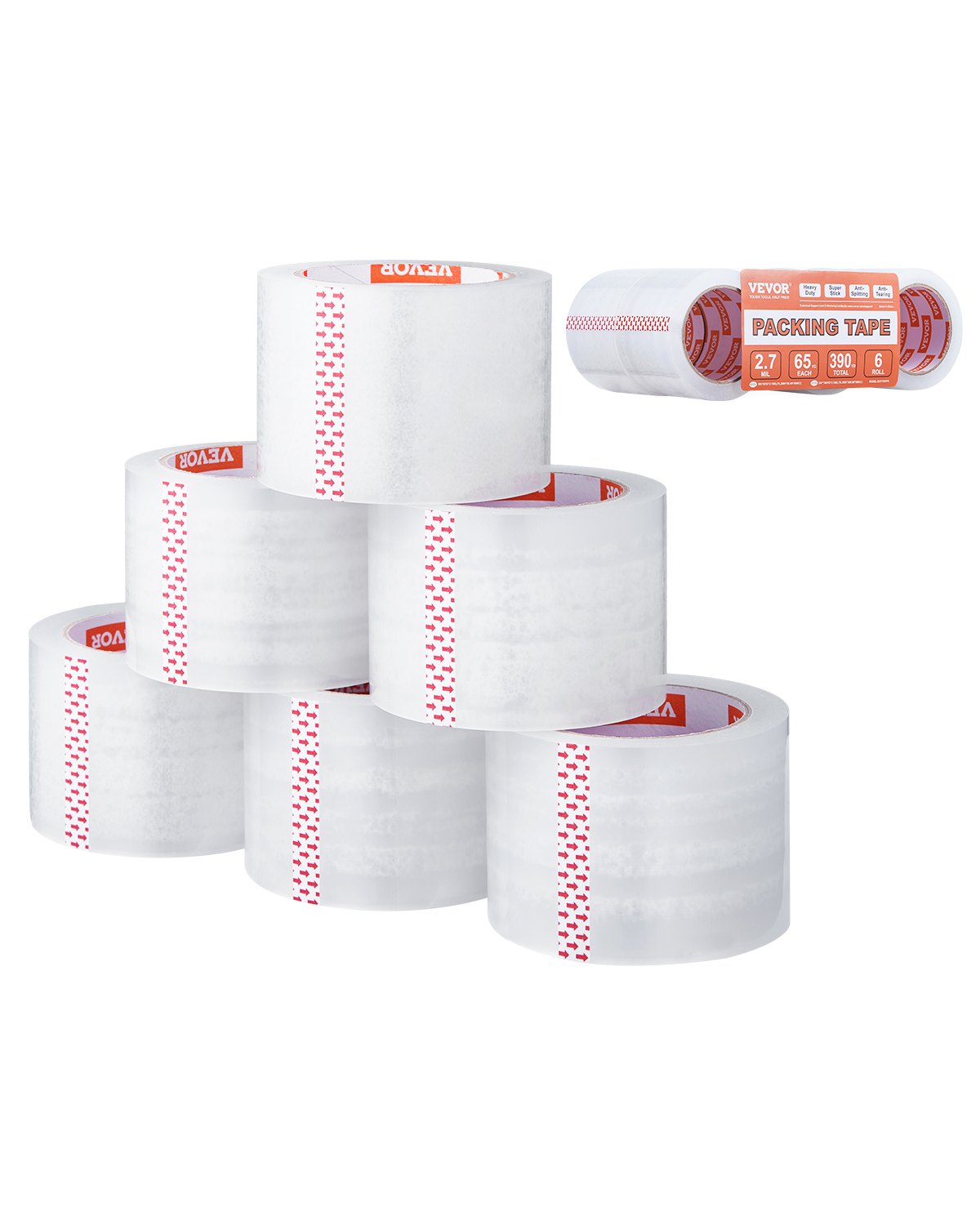 VEVOR Clear Packing Tape, 3 inches Core, 6 Rolls 3 Inches x 65 Yards Packing Tapes, 2.7 Mil Thick, Heavy Duty Packaging Tape Designed for Moving, Storage and Packing, Shipping and Mailing, Office - 3YCXFXJDTM6GBQG7PV0 - view 1