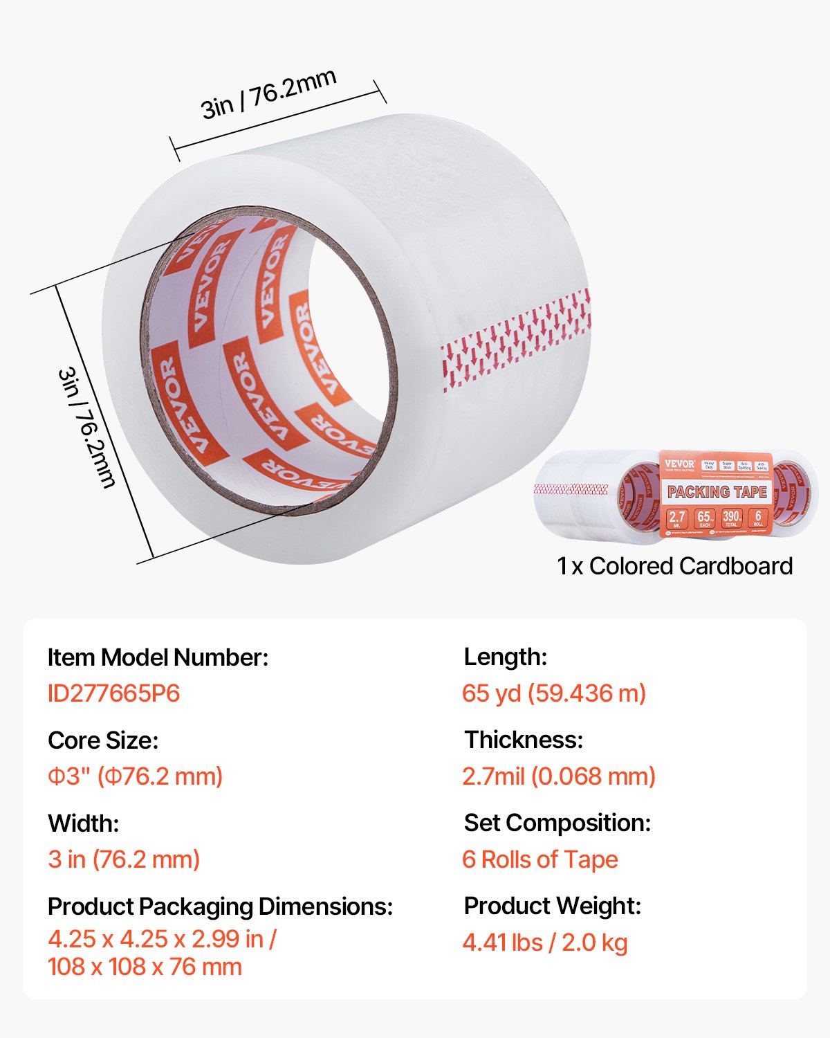 VEVOR Clear Packing Tape, 3 inches Core, 6 Rolls 3 Inches x 65 Yards Packing Tapes, 2.7 Mil Thick, Heavy Duty Packaging Tape Designed for Moving, Storage and Packing, Shipping and Mailing, Office - 3YCXFXJDTM6GBQG7PV0 - view 8
