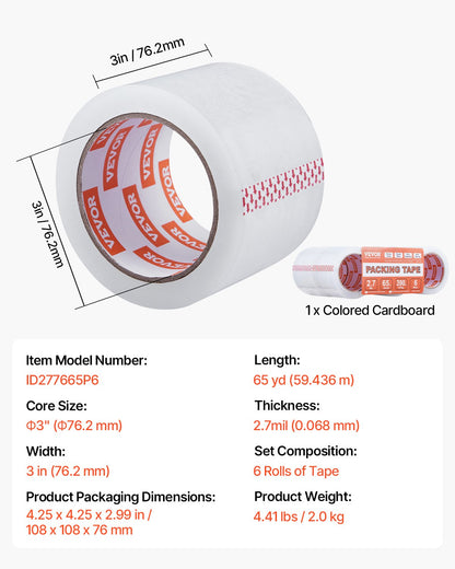 VEVOR Clear Packing Tape, 3 inches Core, 6 Rolls 3 Inches x 65 Yards Packing Tapes, 2.7 Mil Thick, Heavy Duty Packaging Tape Designed for Moving, Storage and Packing, Shipping and Mailing, Office - 3YCXFXJDTM6GBQG7PV0 - view 8