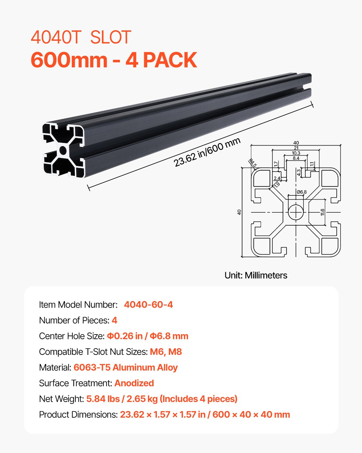VEVOR 4PCS 23.6 in (600 mm) T Slot 4040 Aluminum Extrusion Profile, European Standard Anodized Linear Rail, High-Strength Extruded Aluminum Rail for 3D Printer, CNC Machine DIY, Laser Engraving, Black - 4040OBLXCDG4JU9MR001V0 - view 8