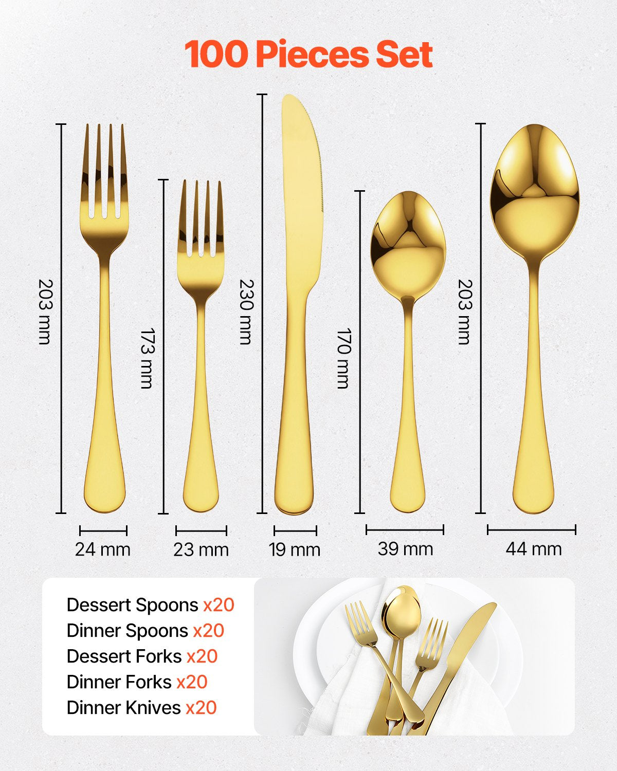 VEVOR 100-Piece Gold Silverware Set, Food-Grade Stainless Steel Flatware Utensils for 20, Mirror Finished Cutlery Set, Dishwasher Safe Eating Tableware for Kitchen Home, Include Knife Fork Spoon - 430BXGCJTZ1061WT7V0 - view 3