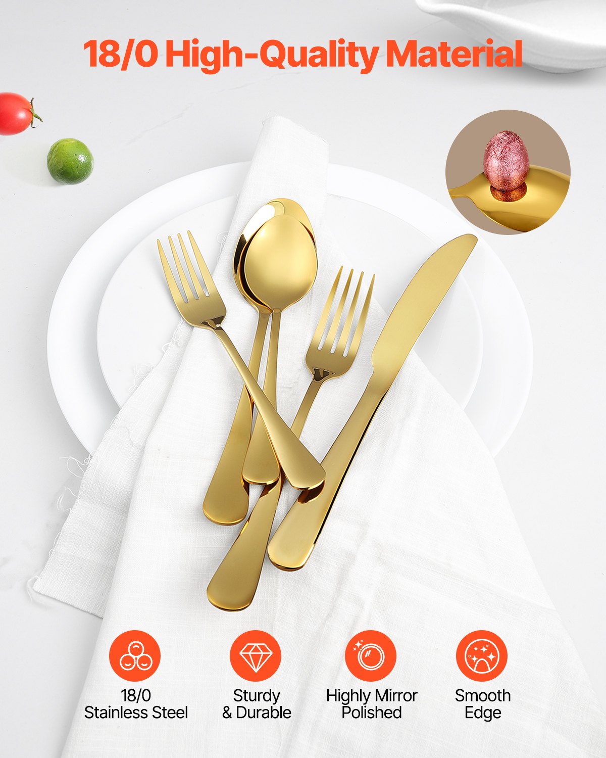 VEVOR 100-Piece Gold Silverware Set, Food-Grade Stainless Steel Flatware Utensils for 20, Mirror Finished Cutlery Set, Dishwasher Safe Eating Tableware for Kitchen Home, Include Knife Fork Spoon - 430BXGCJTZ1061WT7V0 - view 4