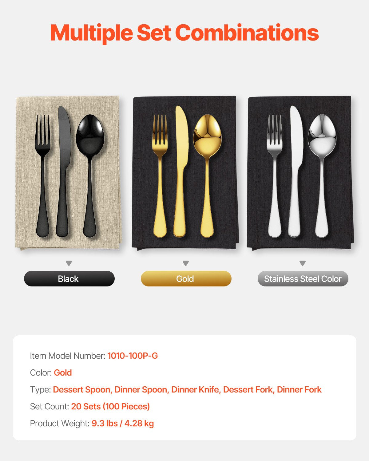 VEVOR 100-Piece Gold Silverware Set, Food-Grade Stainless Steel Flatware Utensils for 20, Mirror Finished Cutlery Set, Dishwasher Safe Eating Tableware for Kitchen Home, Include Knife Fork Spoon - 430BXGCJTZ1061WT7V0 - view 8