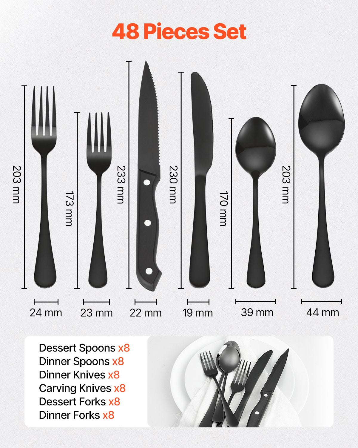 VEVOR 48-Piece Black Silverware Set with Steak Knives, Food-Grade Stainless Steel Flatware Utensils for 8, Mirror Finished Cutlery Set, Dishwasher Safe Eating Tableware for Kitchen Home, Service for 8 - 430BXGCJTZ48VZ5X8V0 - view 3
