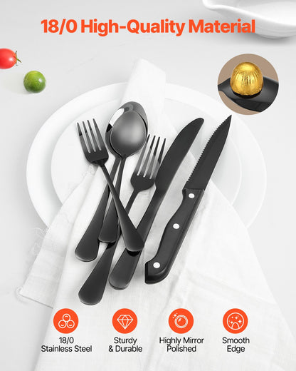 VEVOR 48-Piece Black Silverware Set with Steak Knives, Food-Grade Stainless Steel Flatware Utensils for 8, Mirror Finished Cutlery Set, Dishwasher Safe Eating Tableware for Kitchen Home, Service for 8 - 430BXGCJTZ48VZ5X8V0 - view 4