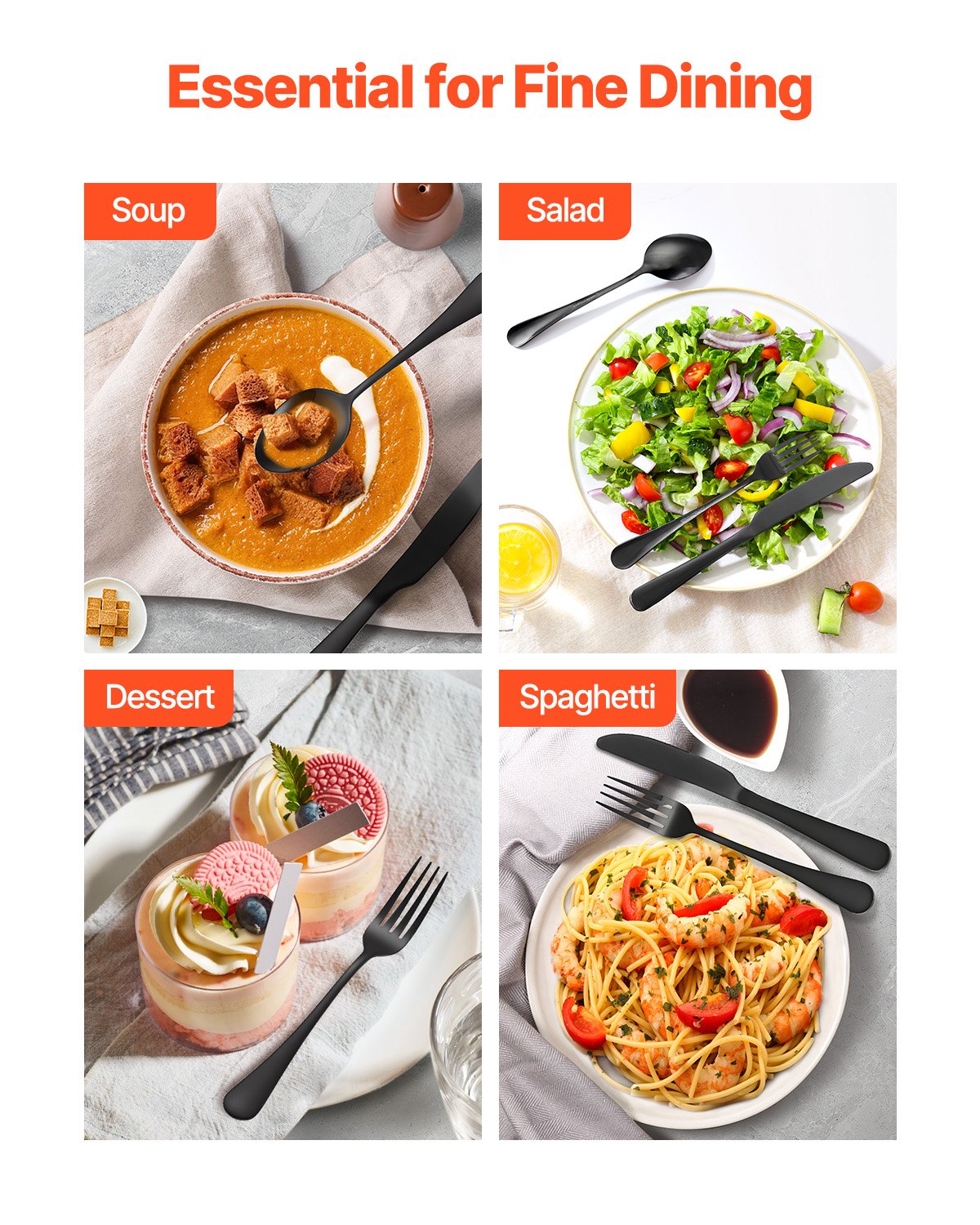 VEVOR 48-Piece Black Silverware Set with Steak Knives, Food-Grade Stainless Steel Flatware Utensils for 8, Mirror Finished Cutlery Set, Dishwasher Safe Eating Tableware for Kitchen Home, Service for 8 - 430BXGCJTZ48VZ5X8V0 - view 7