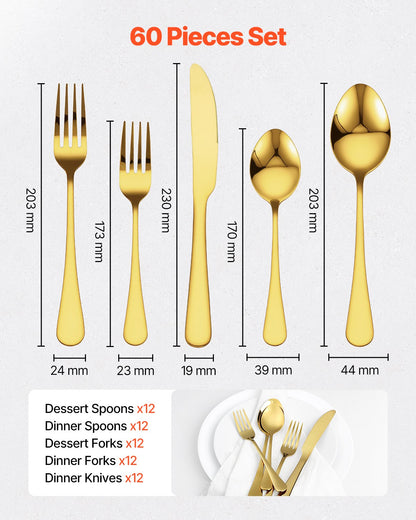 VEVOR 60-Piece Gold Silverware Set, Food-Grade Stainless Steel Flatware Utensils for 12, Mirror Finished Cutlery Set, Dishwasher Safe Eating Tableware for Kitchen Home, Include Knife Fork Spoon - 430BXGCJTZ6078URSV0 - view 3