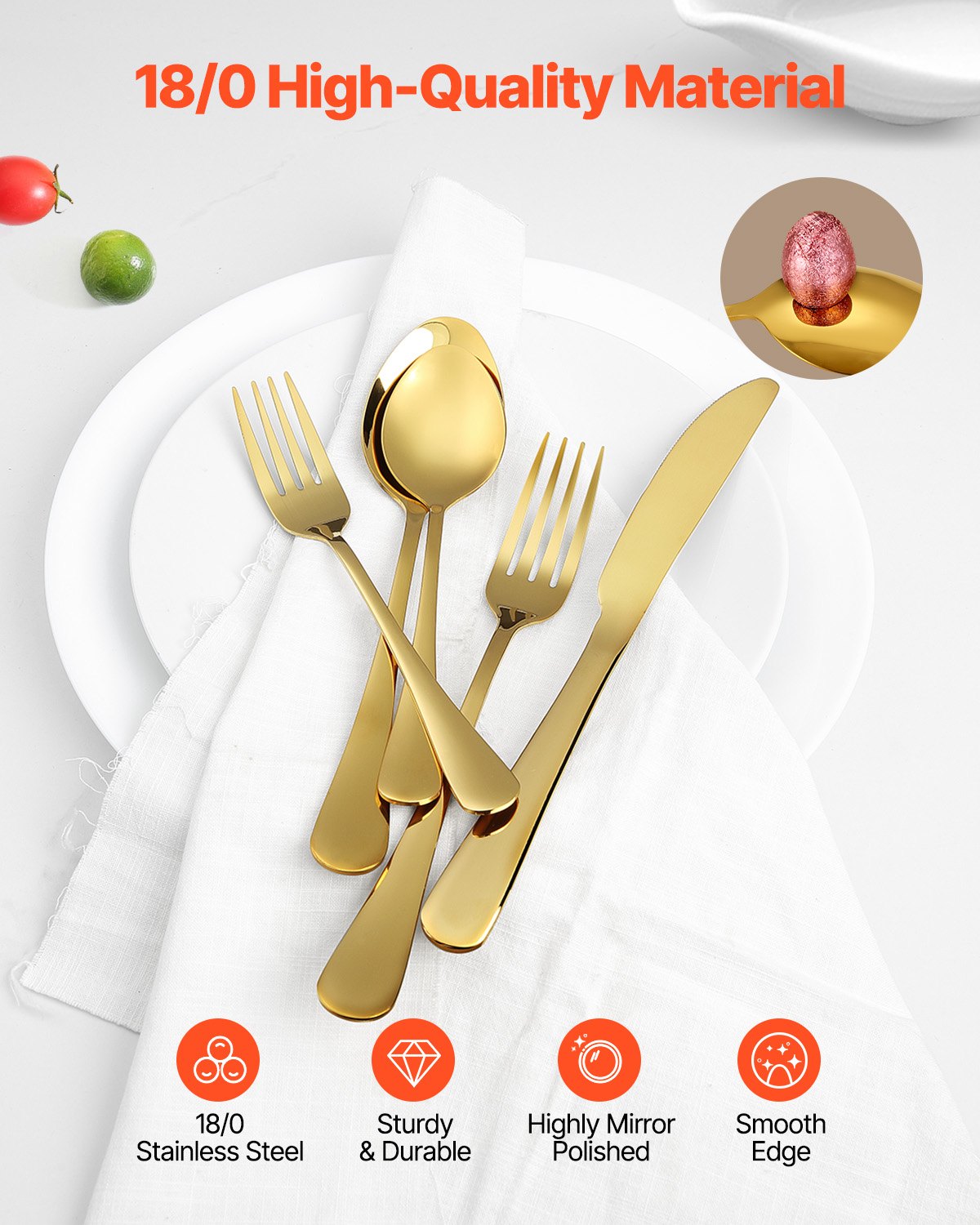 VEVOR 60-Piece Gold Silverware Set, Food-Grade Stainless Steel Flatware Utensils for 12, Mirror Finished Cutlery Set, Dishwasher Safe Eating Tableware for Kitchen Home, Include Knife Fork Spoon - 430BXGCJTZ6078URSV0 - view 4