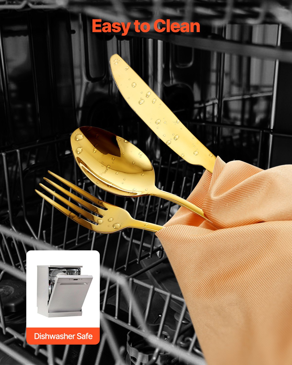 VEVOR 60-Piece Gold Silverware Set, Food-Grade Stainless Steel Flatware Utensils for 12, Mirror Finished Cutlery Set, Dishwasher Safe Eating Tableware for Kitchen Home, Include Knife Fork Spoon - 430BXGCJTZ6078URSV0 - view 6