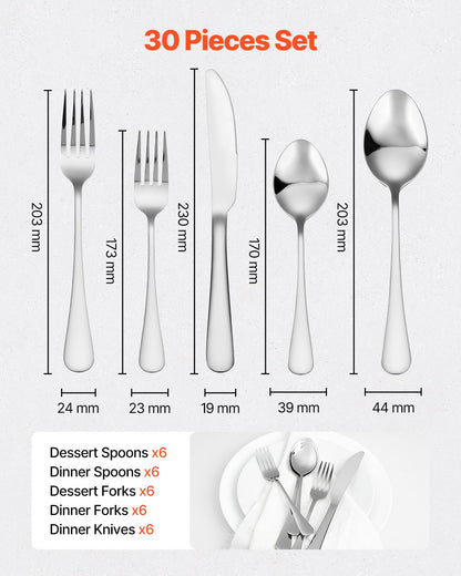 VEVOR 30-Piece Silverware Set, Food-Grade Stainless Steel Flatware Utensils, Mirror Finished Cutlery Set, Dishwasher Safe Eating Tableware for Kitchen Home, Service for 6, Include Knife Fork Spoon - 430BXGCJTZBXZMV36V0 - view 3