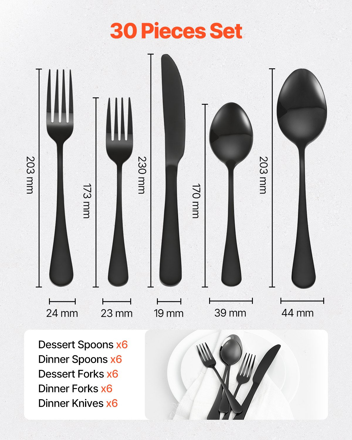 VEVOR 30-Piece Black Silverware Set, Food-Grade Stainless Steel Flatware Utensils for 6, Mirror Finished Cutlery Set, Dishwasher Safe Eating Tableware for Kitchen Home, Include Knife Fork Spoon - 430BXGCJTZHSERY1IV0 - view 3