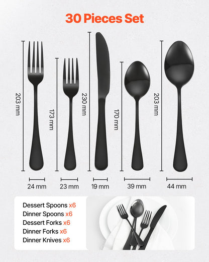 VEVOR 30-Piece Black Silverware Set, Food-Grade Stainless Steel Flatware Utensils for 6, Mirror Finished Cutlery Set, Dishwasher Safe Eating Tableware for Kitchen Home, Include Knife Fork Spoon - 430BXGCJTZHSERY1IV0 - view 3