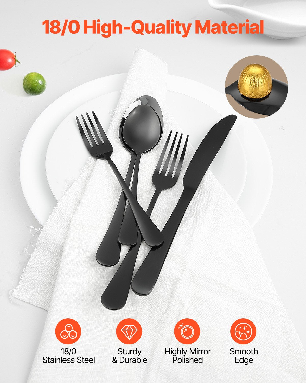VEVOR 30-Piece Black Silverware Set, Food-Grade Stainless Steel Flatware Utensils for 6, Mirror Finished Cutlery Set, Dishwasher Safe Eating Tableware for Kitchen Home, Include Knife Fork Spoon - 430BXGCJTZHSERY1IV0 - view 4