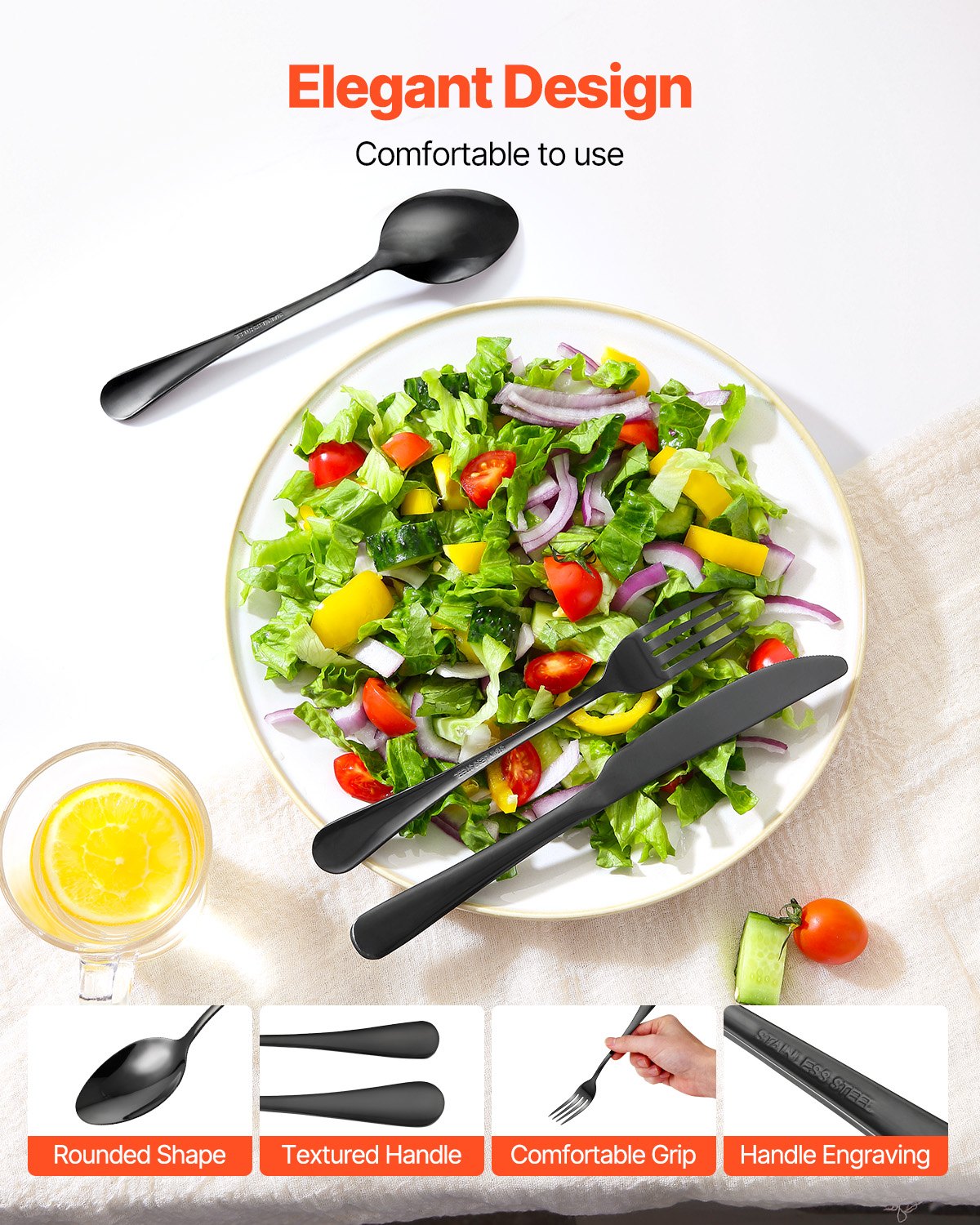 VEVOR 30-Piece Black Silverware Set, Food-Grade Stainless Steel Flatware Utensils for 6, Mirror Finished Cutlery Set, Dishwasher Safe Eating Tableware for Kitchen Home, Include Knife Fork Spoon - 430BXGCJTZHSERY1IV0 - view 5