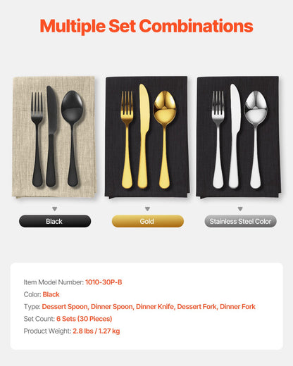 VEVOR 30-Piece Black Silverware Set, Food-Grade Stainless Steel Flatware Utensils for 6, Mirror Finished Cutlery Set, Dishwasher Safe Eating Tableware for Kitchen Home, Include Knife Fork Spoon - 430BXGCJTZHSERY1IV0 - view 8
