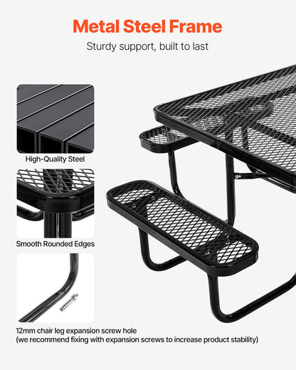 VEVOR Picnic Table, Outdoor Weather Resistant Patio Dining Furniture Set, Heavy Duty Coated Steel Tables with Umbrella Hole, 45.7 in Square Table and Bench Set, for Garden, Backyard, Porch, Black - 4DFZ63FTBKZDXDHV6V0 - view 3
