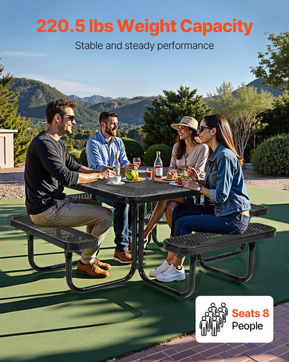 VEVOR Picnic Table, Outdoor Weather Resistant Patio Dining Furniture Set, Heavy Duty Coated Steel Tables with Umbrella Hole, 45.7 in Square Table and Bench Set, for Garden, Backyard, Porch, Black - 4DFZ63FTBKZDXDHV6V0 - view 4