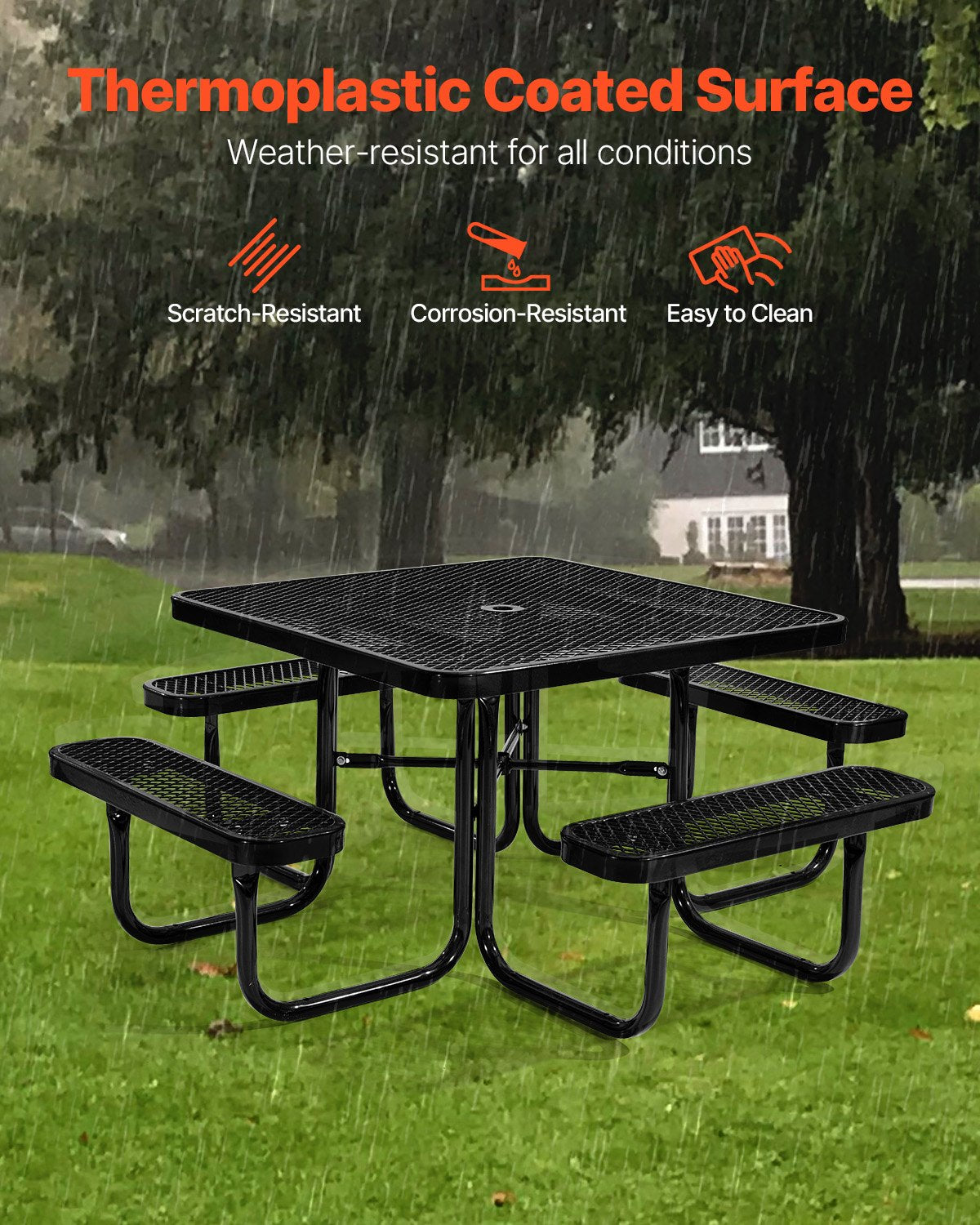 VEVOR Picnic Table, Outdoor Weather Resistant Patio Dining Furniture Set, Heavy Duty Coated Steel Tables with Umbrella Hole, 45.7 in Square Table and Bench Set, for Garden, Backyard, Porch, Black - 4DFZ63FTBKZDXDHV6V0 - view 6