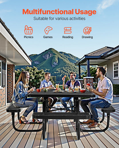 VEVOR Picnic Table, Outdoor Weather Resistant Patio Dining Furniture Set, Heavy Duty Coated Steel Tables with Umbrella Hole, 45.7 in Square Table and Bench Set, for Garden, Backyard, Porch, Black - 4DFZ63FTBKZDXDHV6V0 - view 7