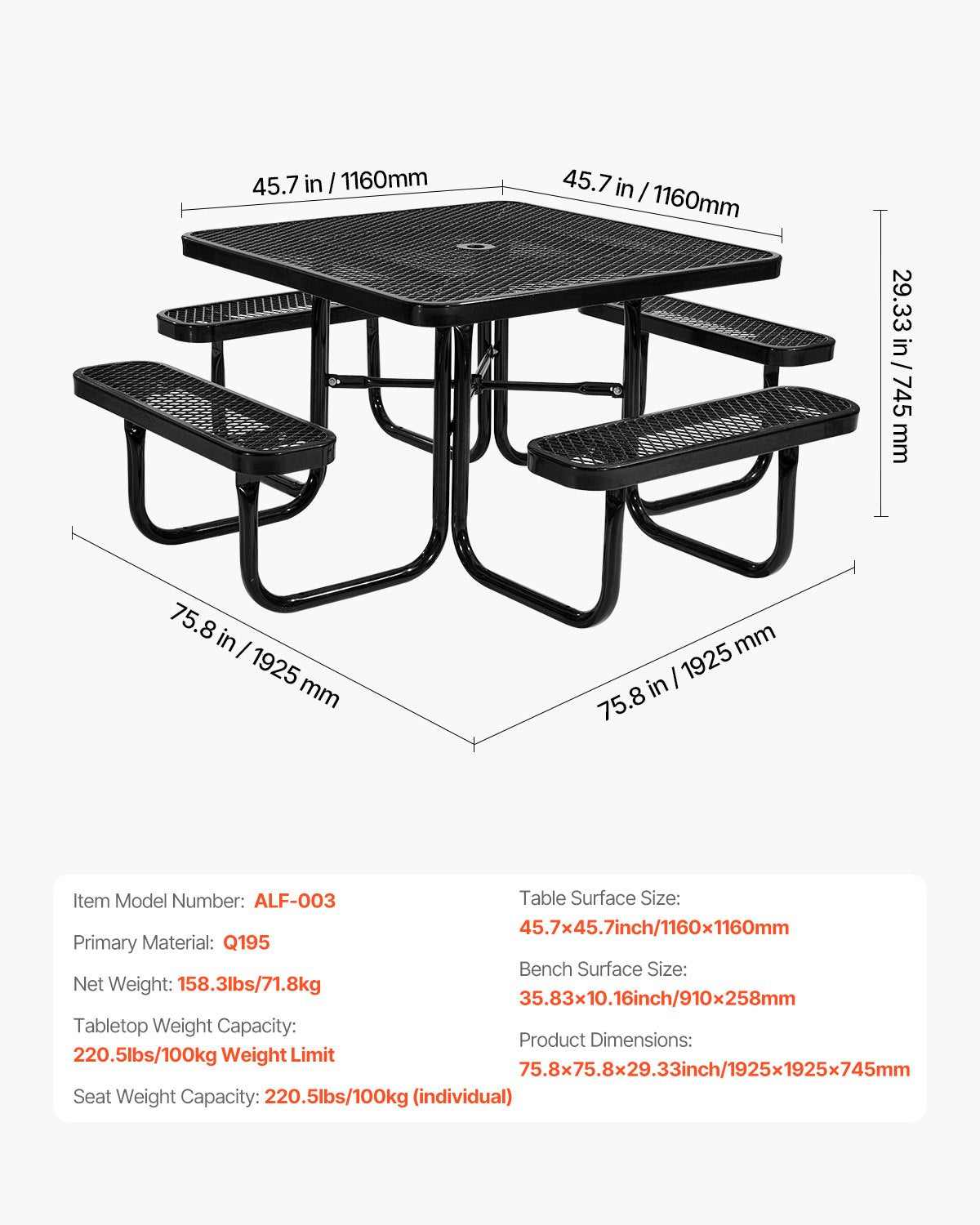VEVOR Picnic Table, Outdoor Weather Resistant Patio Dining Furniture Set, Heavy Duty Coated Steel Tables with Umbrella Hole, 45.7 in Square Table and Bench Set, for Garden, Backyard, Porch, Black - 4DFZ63FTBKZDXDHV6V0 - view 8