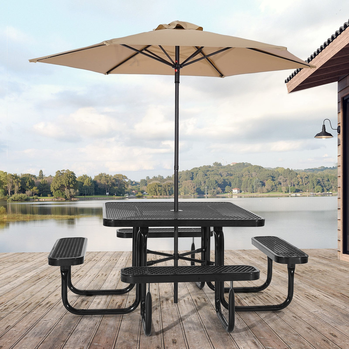 VEVOR Picnic Table, Outdoor Weather Resistant Patio Dining Furniture Set, Heavy Duty Coated Steel Tables with Umbrella Hole, 45.7 in Square Table and Bench Set, for Garden, Backyard, Porch, Black - 4DFZ63FTBKZDXDHV6V0 - view 9