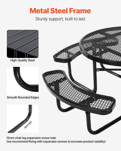 VEVOR Heavy-Duty Picnic Table, Outdoor Furniture Weather Resistant Patio Dining Set, Coated Steel Tables with Umbrella Hole, 46" Round Table and Bench Set, for Garden, Backyard, Porch (Black) - 4DYZ65FTBKZDMTIMLV0 - view 3