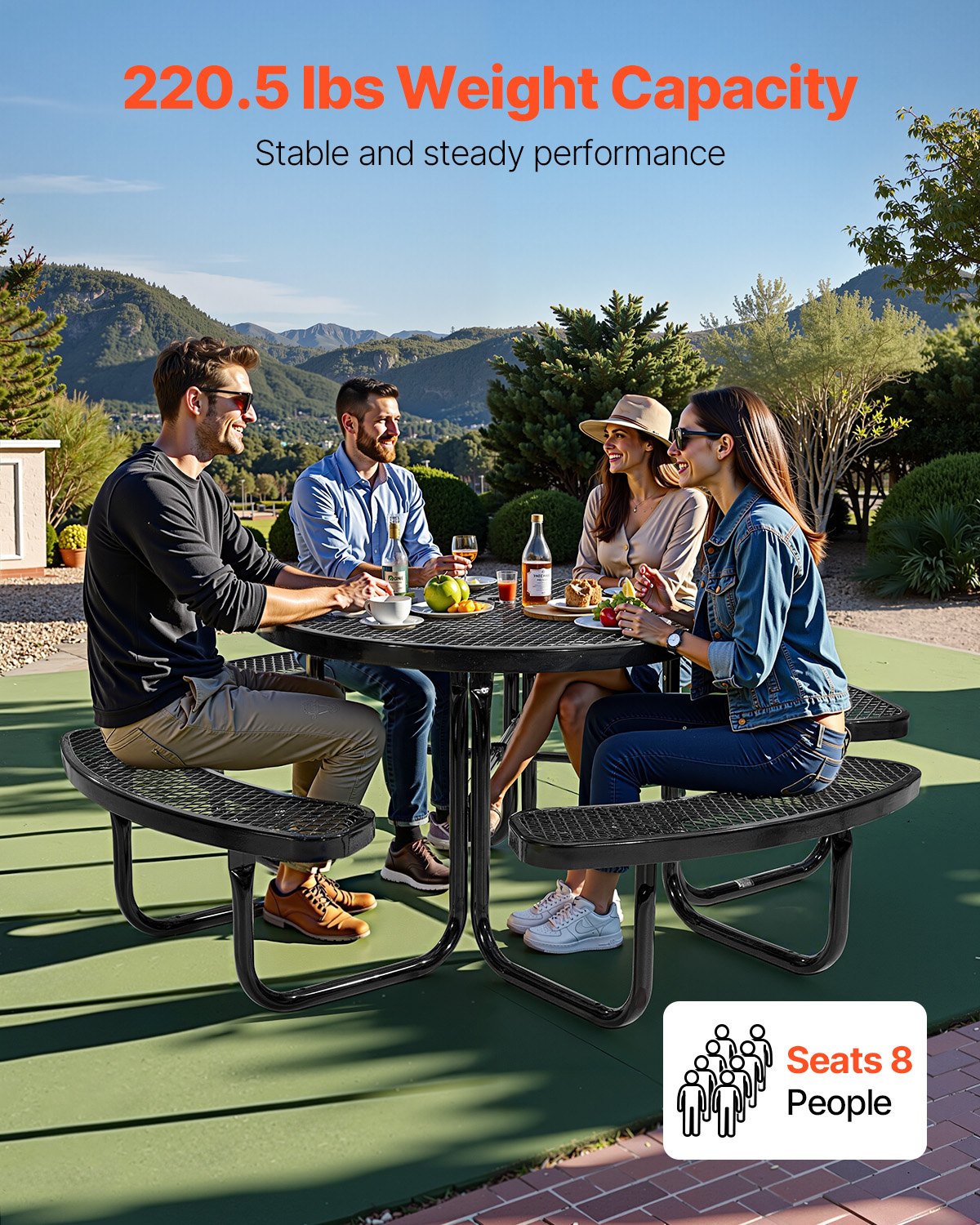 VEVOR Heavy-Duty Picnic Table, Outdoor Furniture Weather Resistant Patio Dining Set, Coated Steel Tables with Umbrella Hole, 46" Round Table and Bench Set, for Garden, Backyard, Porch (Black) - 4DYZ65FTBKZDMTIMLV0 - view 4