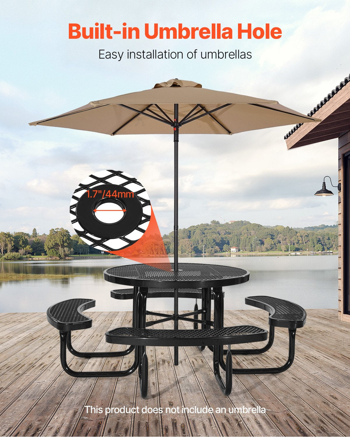 VEVOR Heavy-Duty Picnic Table, Outdoor Furniture Weather Resistant Patio Dining Set, Coated Steel Tables with Umbrella Hole, 46" Round Table and Bench Set, for Garden, Backyard, Porch (Black) - 4DYZ65FTBKZDMTIMLV0 - view 5