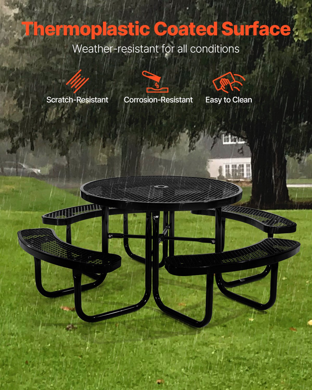 VEVOR Heavy-Duty Picnic Table, Outdoor Furniture Weather Resistant Patio Dining Set, Coated Steel Tables with Umbrella Hole, 46" Round Table and Bench Set, for Garden, Backyard, Porch (Black) - 4DYZ65FTBKZDMTIMLV0 - view 6