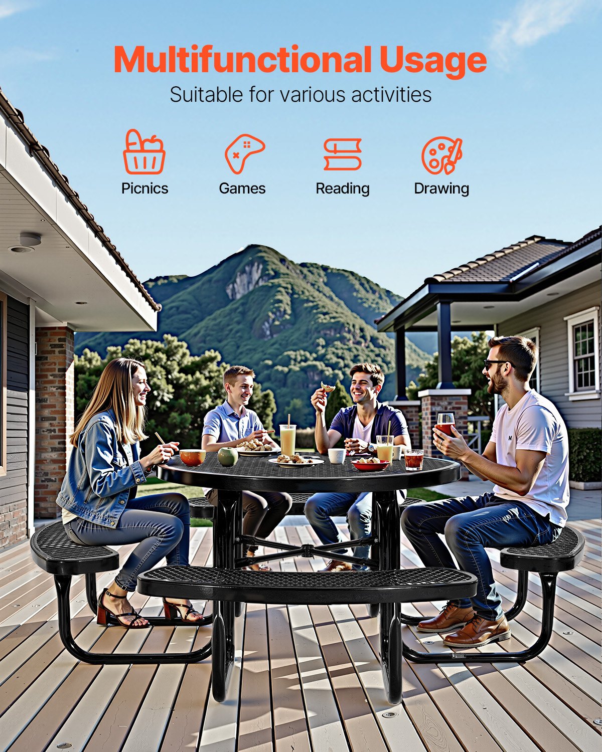 VEVOR Heavy-Duty Picnic Table, Outdoor Furniture Weather Resistant Patio Dining Set, Coated Steel Tables with Umbrella Hole, 46" Round Table and Bench Set, for Garden, Backyard, Porch (Black) - 4DYZ65FTBKZDMTIMLV0 - view 7