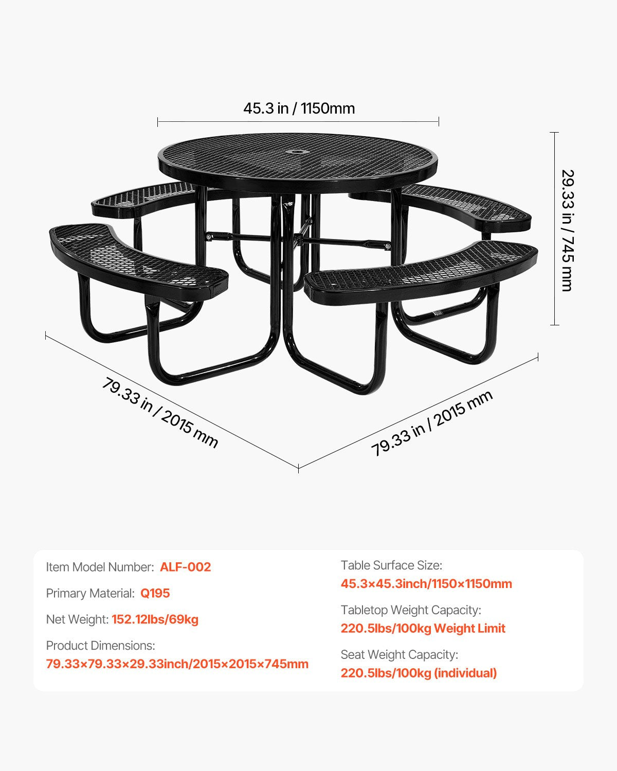 VEVOR Heavy-Duty Picnic Table, Outdoor Furniture Weather Resistant Patio Dining Set, Coated Steel Tables with Umbrella Hole, 46" Round Table and Bench Set, for Garden, Backyard, Porch (Black) - 4DYZ65FTBKZDMTIMLV0 - view 8