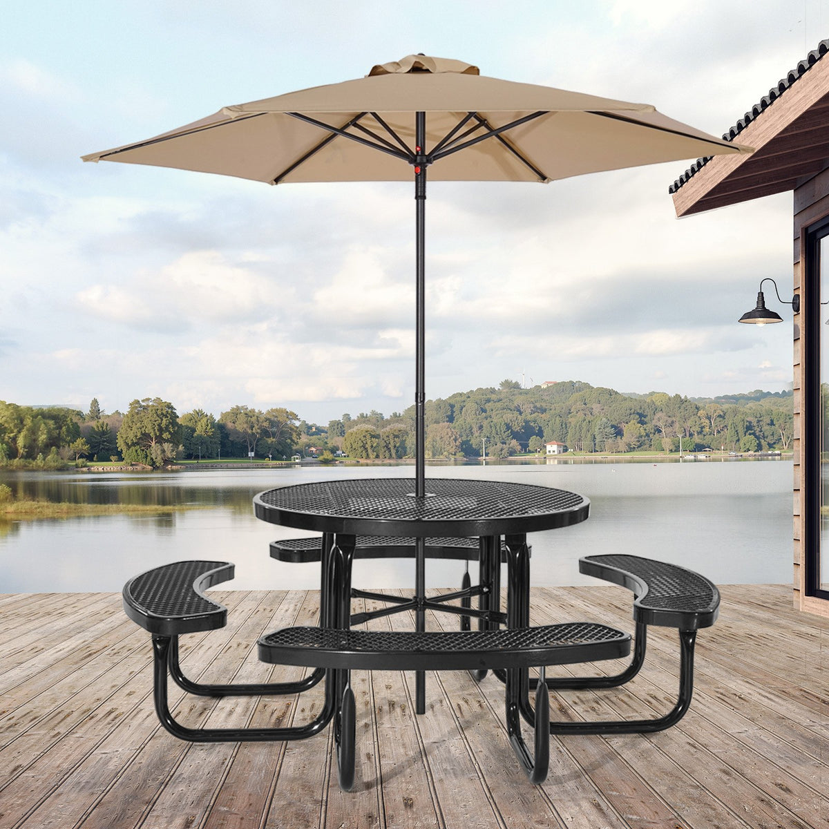 VEVOR Heavy-Duty Picnic Table, Outdoor Furniture Weather Resistant Patio Dining Set, Coated Steel Tables with Umbrella Hole, 46" Round Table and Bench Set, for Garden, Backyard, Porch (Black) - 4DYZ65FTBKZDMTIMLV0 - view 9
