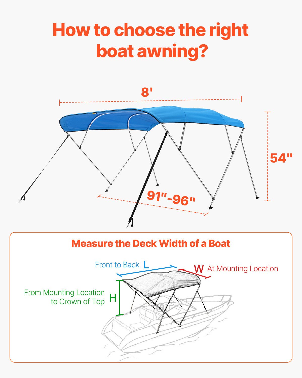 VEVOR 4 Bow Boat Bimini Tops, 600D Polyester Canopy with Aluminum Alloy Frame, Waterproof & Sun Shade Boat Awning Canopy with Storage Bag, 2 Support Poles, 4 Straps, 8'Lx(91"-96")Wx54"H, Pacific Blue - 4GCYZYP8L919DBRP3V0 - view 6