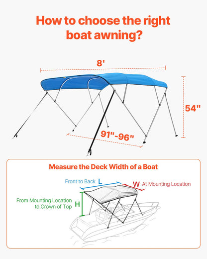 VEVOR 4 Bow Boat Bimini Tops, 600D Polyester Canopy with Aluminum Alloy Frame, Waterproof & Sun Shade Boat Awning Canopy with Storage Bag, 2 Support Poles, 4 Straps, 8'Lx(91"-96")Wx54"H, Pacific Blue - 4GCYZYP8L919DBRP3V0 - view 6