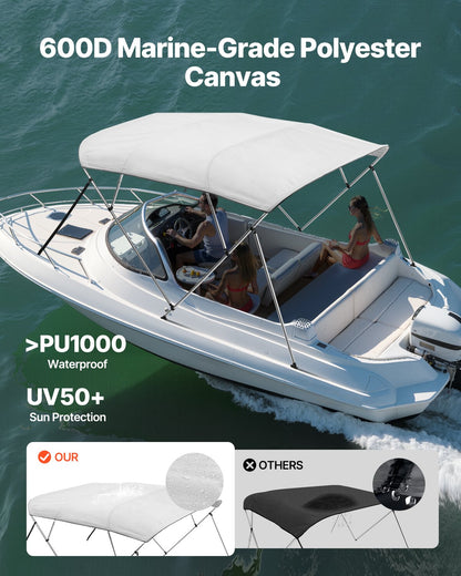 VEVOR 4 Bow Boat Bimini Tops, 600D Polyester Canopy with Aluminum Alloy Frame, Waterproof & Sun Shade Boat Awning Canopy with Storage Bag, 2 Support Poles, 4 Straps, 8'Lx(91"-96")Wx54"H, Light Grey - 4GCYZYP8L919EAGOGV0 - view 3