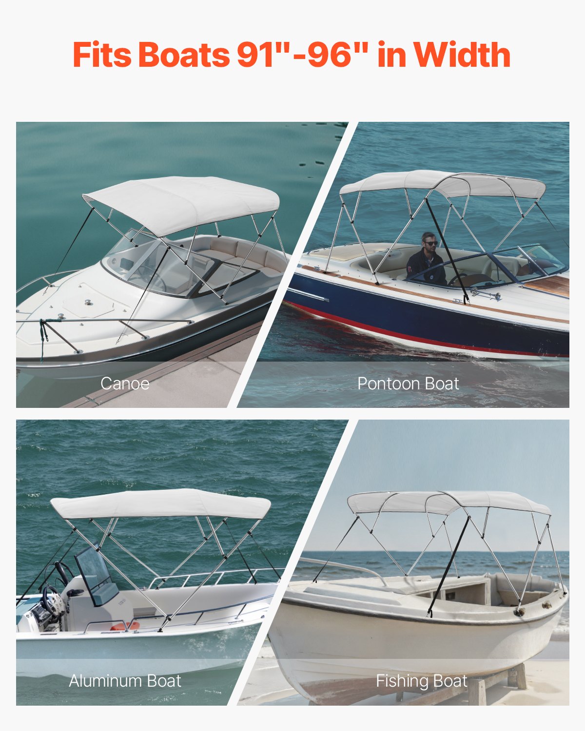 VEVOR 4 Bow Boat Bimini Tops, 600D Polyester Canopy with Aluminum Alloy Frame, Waterproof & Sun Shade Boat Awning Canopy with Storage Bag, 2 Support Poles, 4 Straps, 8'Lx(91"-96")Wx54"H, Light Grey - 4GCYZYP8L919EAGOGV0 - view 7