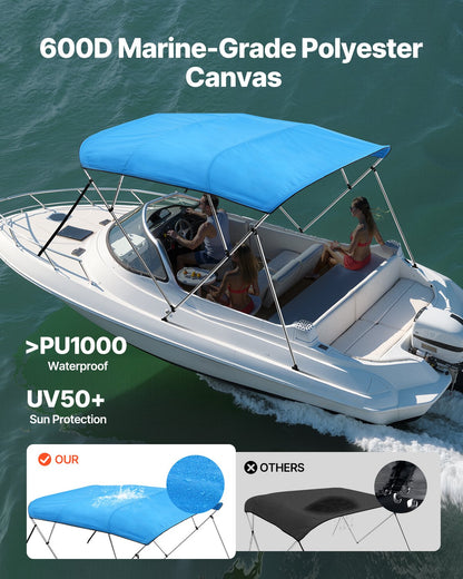 VEVOR 4 Bow Boat Bimini Tops, 600D Polyester Canopy with Aluminum Alloy Frame, Waterproof & Sun Shade Boat Awning Canopy with Storage Bag, 2 Support Poles, 4 Straps, 96"Lx(67"-72")Wx54"H, Pacific Blue - 4GCYZYP96677Y2Y2WV0 - view 3