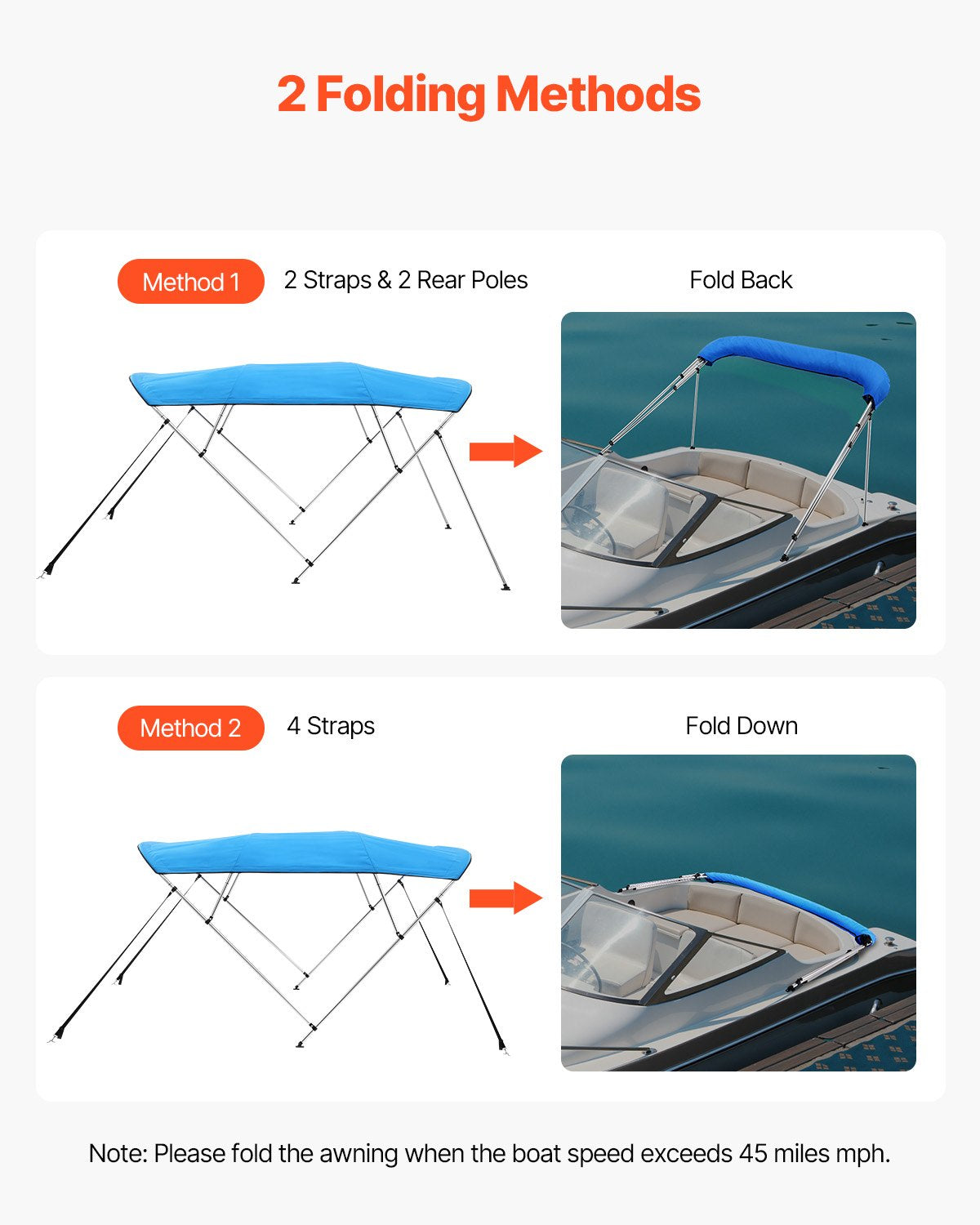 VEVOR 4 Bow Boat Bimini Tops, 600D Polyester Canopy with Aluminum Alloy Frame, Waterproof & Sun Shade Boat Awning Canopy with Storage Bag, 2 Support Poles, 4 Straps, 96"Lx(67"-72")Wx54"H, Pacific Blue - 4GCYZYP96677Y2Y2WV0 - view 5