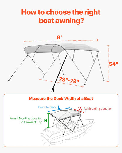 VEVOR 4 Bow Boat Bimini Tops, 600D Polyester Canopy with Aluminum Alloy Frame, Waterproof & Sun Shade Boat Awning Canopy with Storage Bag, 2 Support Poles, 4 Straps, 96"Lx(73"-78")Wx54"H, Light Grey - 4GCYZYP9673790I41V0 - view 6