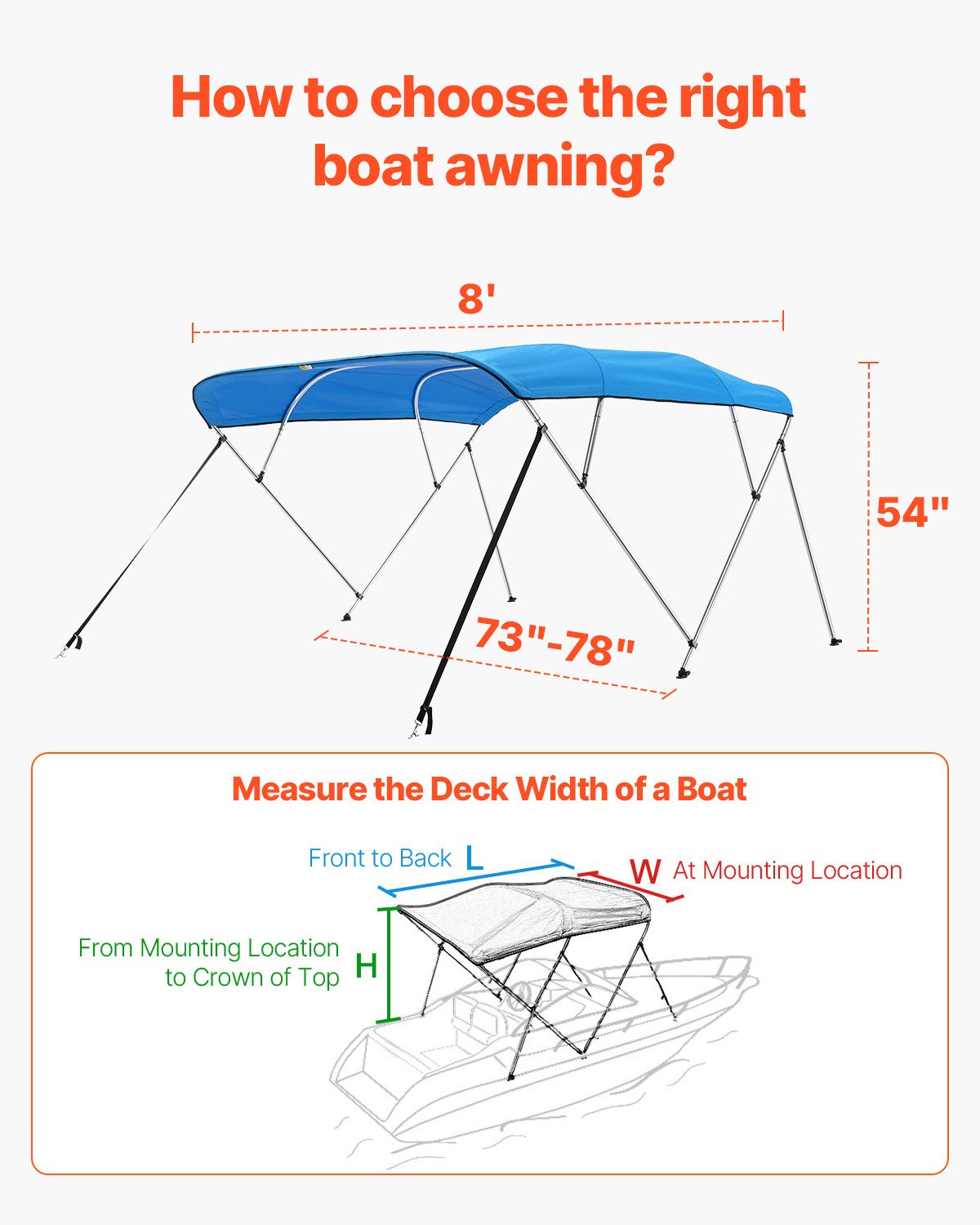 VEVOR 4 Bow Boat Bimini Tops, 600D Polyester Canopy with Aluminum Alloy Frame, Waterproof & Sun Shade Boat Awning Canopy with Storage Bag, 2 Support Poles, 4 Straps, 96"Lx(73"-78")Wx54"H, Pacific Blue - 4GCYZYP96737MVI3CV0 - view 6