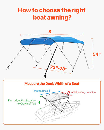 VEVOR 4 Bow Boat Bimini Tops, 600D Polyester Canopy with Aluminum Alloy Frame, Waterproof & Sun Shade Boat Awning Canopy with Storage Bag, 2 Support Poles, 4 Straps, 96"Lx(73"-78")Wx54"H, Pacific Blue - 4GCYZYP96737MVI3CV0 - view 6