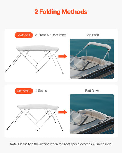 VEVOR 4 Bow Boat Bimini Tops, 600D Polyester Canopy with Aluminum Alloy Frame, Waterproof & Sun Shade Boat Awning Canopy with Storage Bag, 2 Support Poles, 4 Straps, 96"Lx(79"-84")Wx54"H, Light Grey - 4GCYZYP967989XHO1V0 - view 5