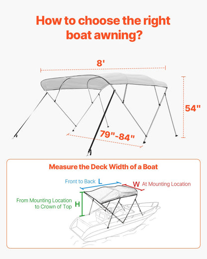 VEVOR 4 Bow Boat Bimini Tops, 600D Polyester Canopy with Aluminum Alloy Frame, Waterproof & Sun Shade Boat Awning Canopy with Storage Bag, 2 Support Poles, 4 Straps, 96"Lx(79"-84")Wx54"H, Light Grey - 4GCYZYP967989XHO1V0 - view 6