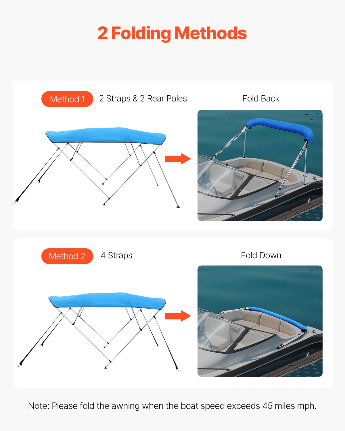 VEVOR 4 Bow Boat Bimini Tops, 600D Polyester Canopy with Aluminum Alloy Frame, Waterproof & Sun Shade Boat Awning Canopy with Storage Bag, 2 Support Poles, 4 Straps, 96"Lx(79"-84")Wx54"H, Pacific Blue - 4GCYZYP96798QNEISV0 - view 5