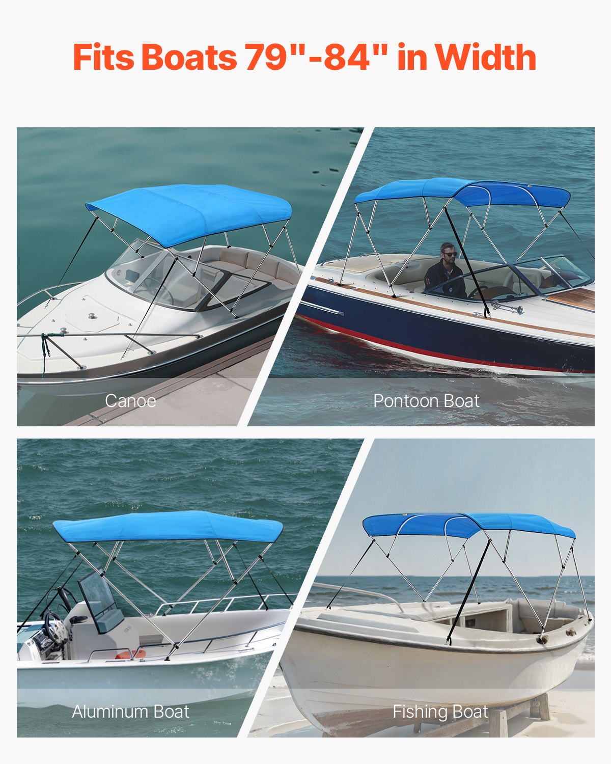 VEVOR 4 Bow Boat Bimini Tops, 600D Polyester Canopy with Aluminum Alloy Frame, Waterproof & Sun Shade Boat Awning Canopy with Storage Bag, 2 Support Poles, 4 Straps, 96"Lx(79"-84")Wx54"H, Pacific Blue - 4GCYZYP96798QNEISV0 - view 7