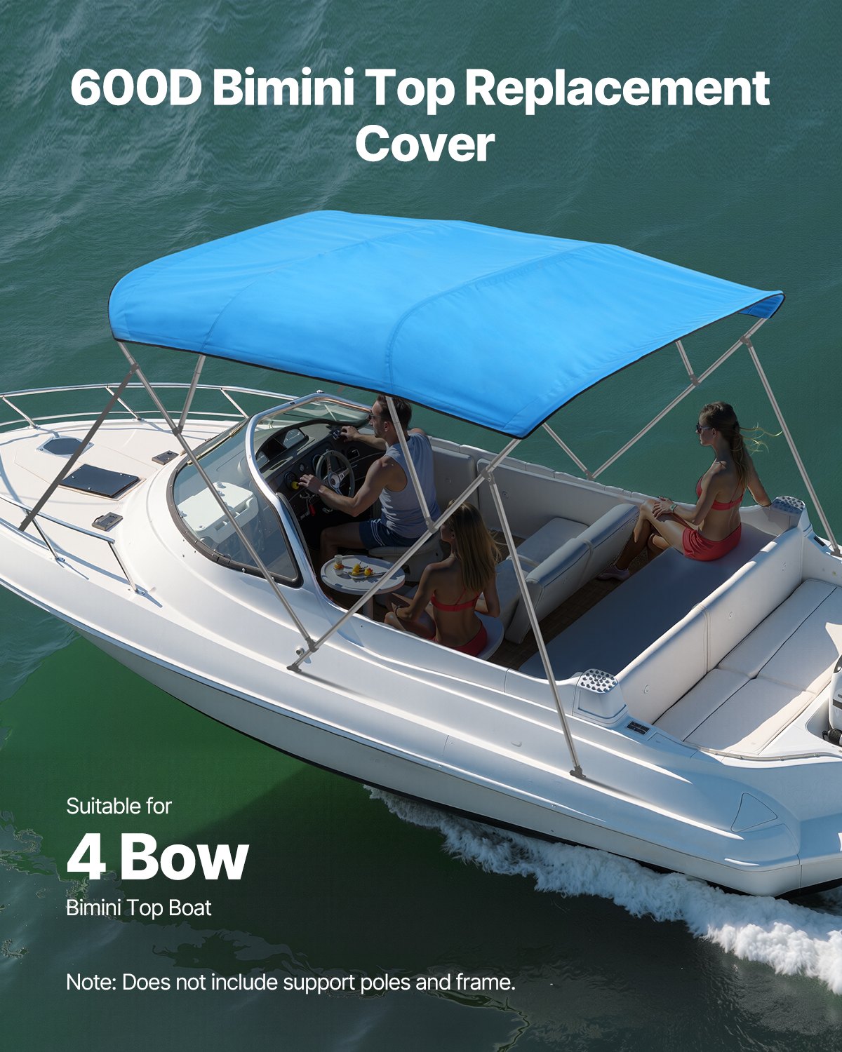 VEVOR 4 Bow Boat Bimini Tops, 600D Polyester Canopy, Waterproof & Sun Protection Boat Awning Canopy with Storage Bag, Bimini Top Replacement, 96"Lx(91"-96")W, Pacific Blue (Support Frame Not Included) - 4GCYZYP96919JYJ53V0 - view 3