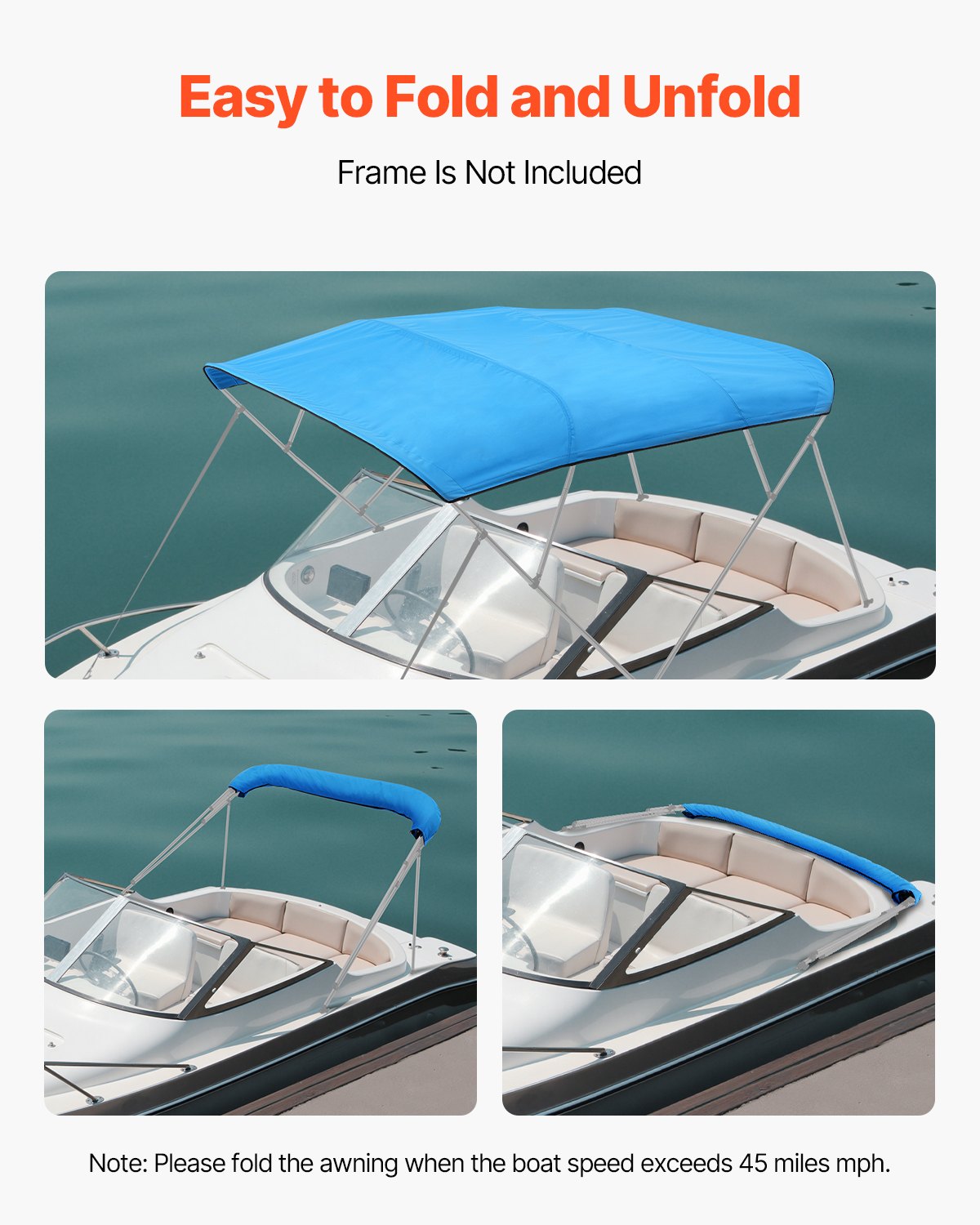VEVOR 4 Bow Boat Bimini Tops, 600D Polyester Canopy, Waterproof & Sun Protection Boat Awning Canopy with Storage Bag, Bimini Top Replacement, 96"Lx(91"-96")W, Pacific Blue (Support Frame Not Included) - 4GCYZYP96919JYJ53V0 - view 6