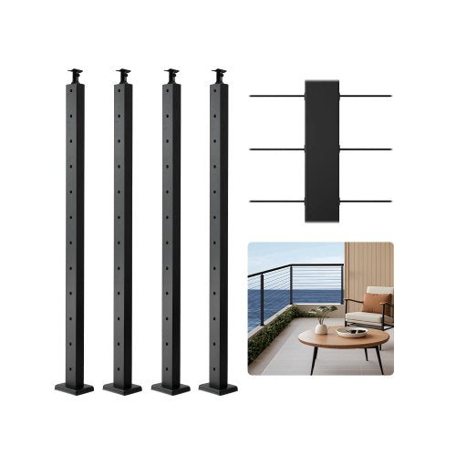 VEVOR 4-Pack Cable Railing Post, 42x1x2 In Horizontal-Hole Deck Railing Post with Pre-Drilled Holes, Stainless Steel Cable Rail Post with Horizontal and Curved Bracket, Black, 4JZLGZXHS106REP67001V0 - 4JZLGZXHS106REP67001V0 - view 2